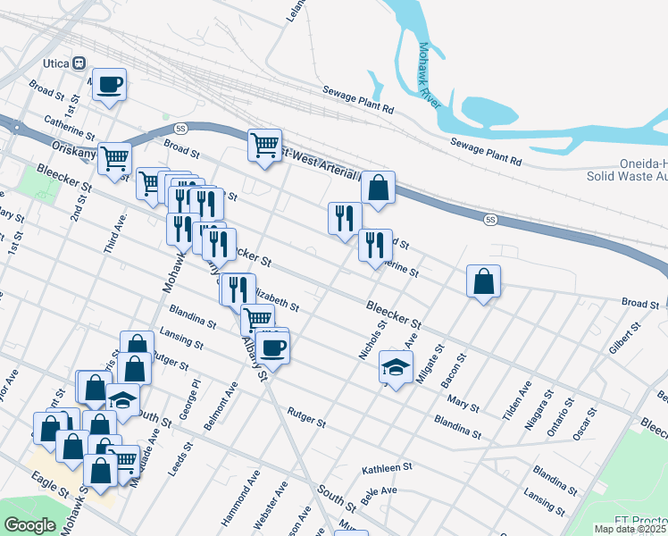 map of restaurants, bars, coffee shops, grocery stores, and more near 885 Bleecker Street in Utica