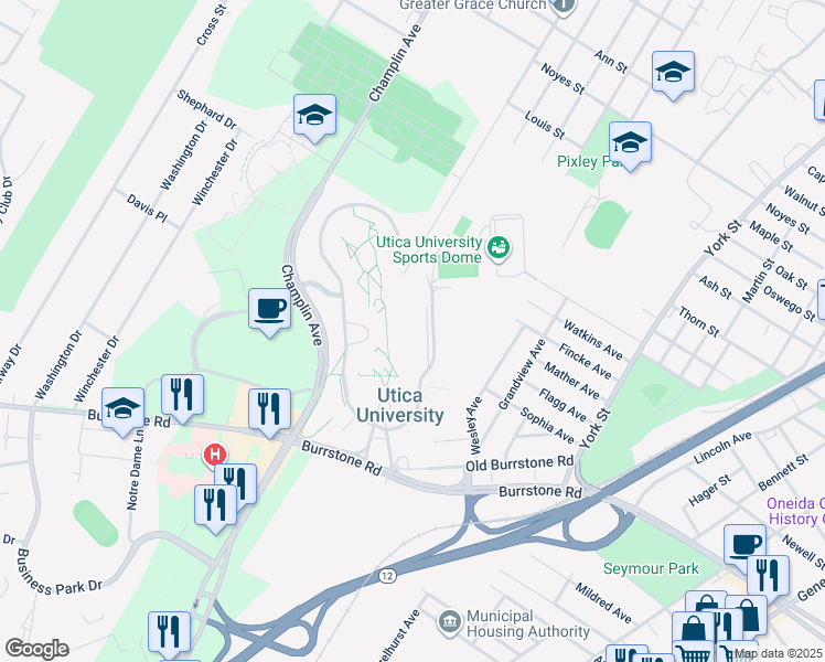 map of restaurants, bars, coffee shops, grocery stores, and more near 1600 Burrstone Road in Utica