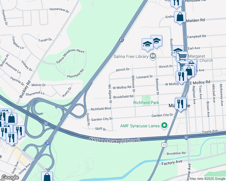 map of restaurants, bars, coffee shops, grocery stores, and more near 363 Mc Alpine Street in Syracuse