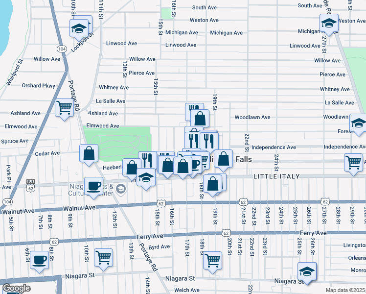 map of restaurants, bars, coffee shops, grocery stores, and more near 751 16th Street in Niagara Falls
