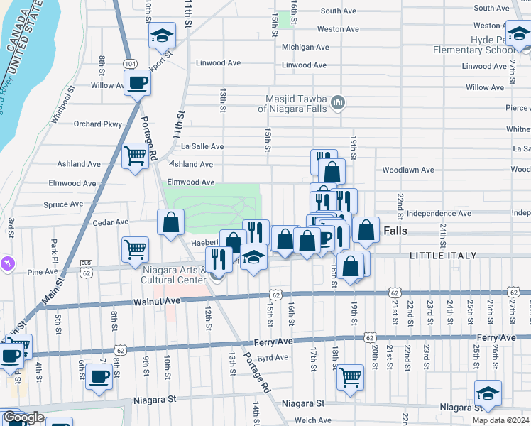 map of restaurants, bars, coffee shops, grocery stores, and more near 752 15th Street in Niagara Falls