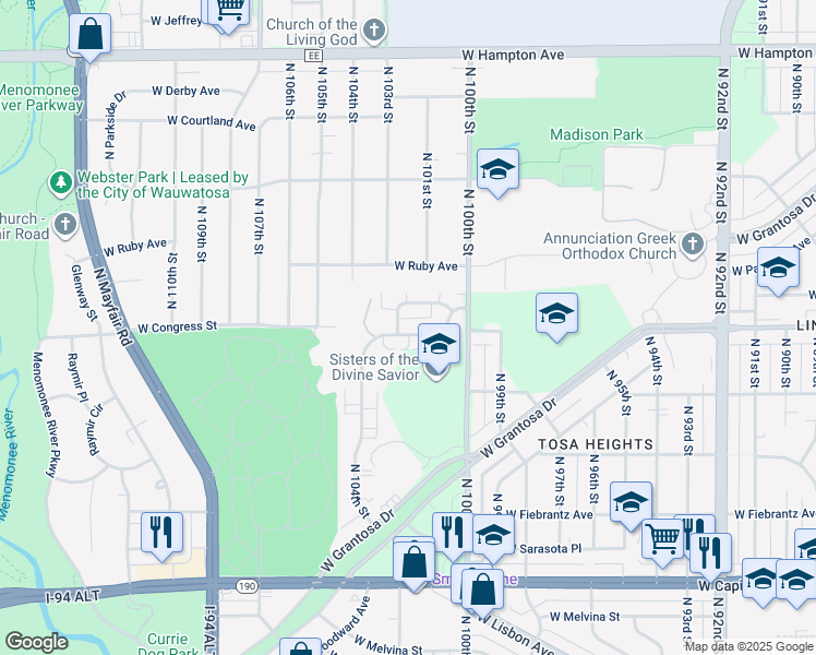 map of restaurants, bars, coffee shops, grocery stores, and more near 10201 West Congress Street in Milwaukee