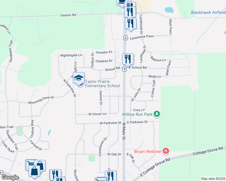 map of restaurants, bars, coffee shops, grocery stores, and more near 901 North Clover Lane in Cottage Grove