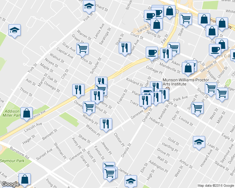 map of restaurants, bars, coffee shops, grocery stores, and more near 710 Tracy Street in Utica