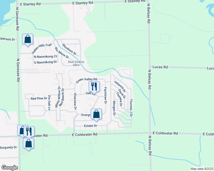 map of restaurants, bars, coffee shops, grocery stores, and more near 61 Green Valley Road in Flint