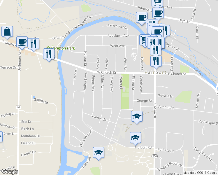 map of restaurants, bars, coffee shops, grocery stores, and more near 28 Dewey Avenue in Fairport