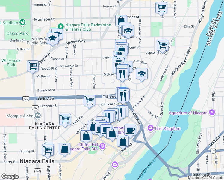 map of restaurants, bars, coffee shops, grocery stores, and more near 4878 Stamford Street in Niagara Falls