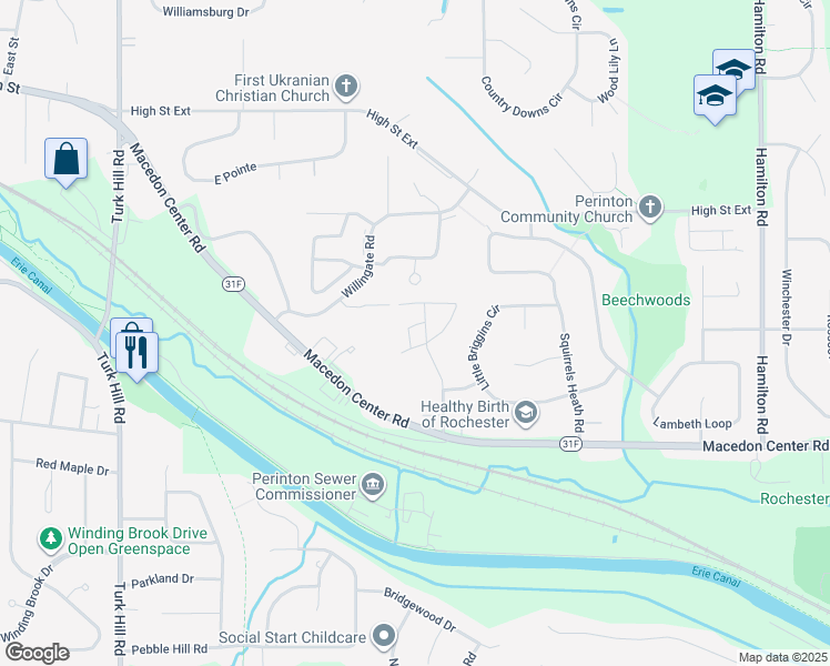 map of restaurants, bars, coffee shops, grocery stores, and more near 47 Hollingham Rise in Fairport