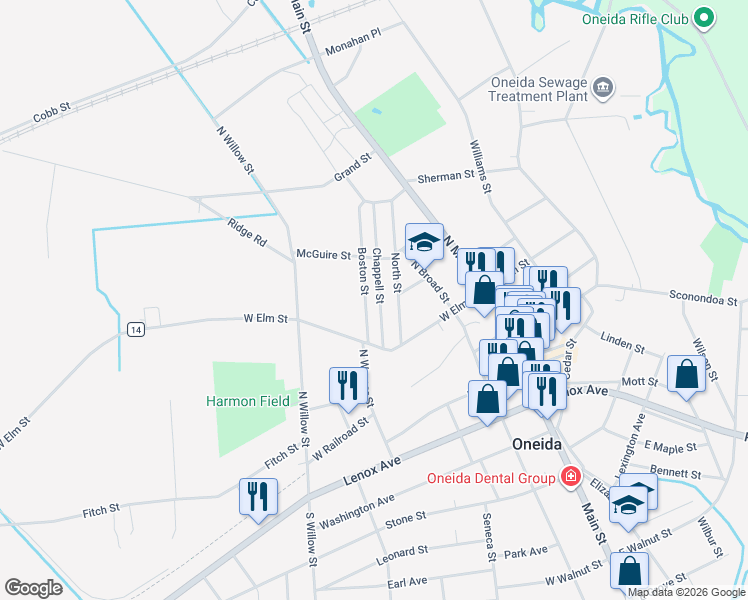 map of restaurants, bars, coffee shops, grocery stores, and more near 214 Boston Street in Oneida