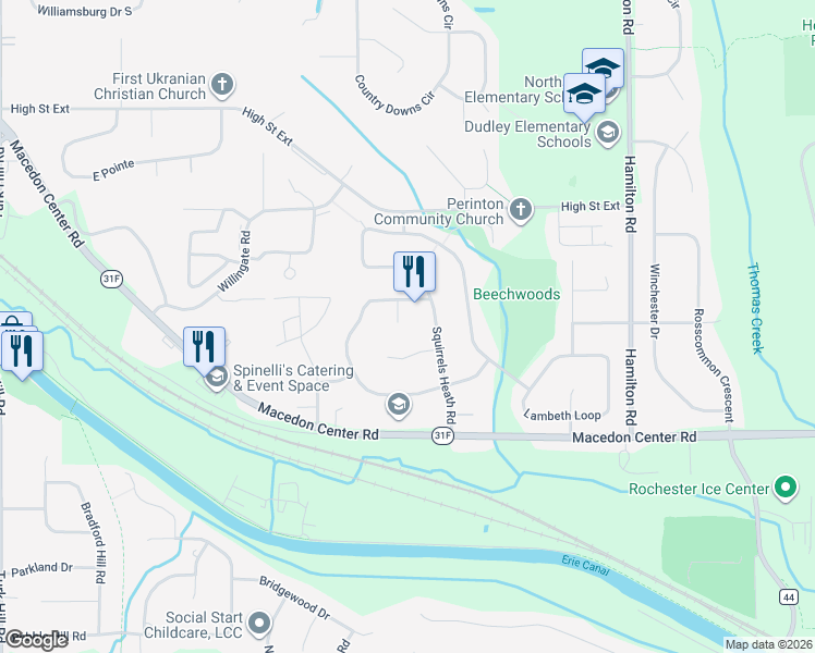 map of restaurants, bars, coffee shops, grocery stores, and more near 12 Timway Court in Fairport
