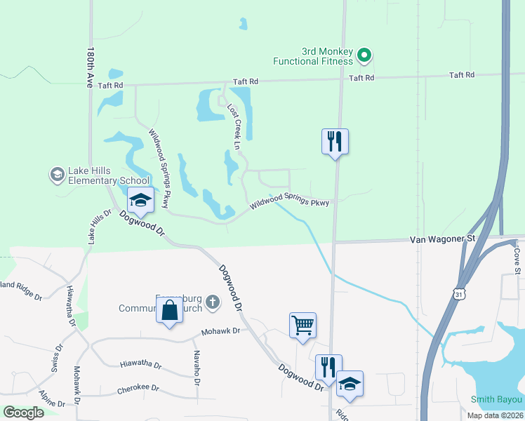 map of restaurants, bars, coffee shops, grocery stores, and more near 17820 Wildwood Springs Parkway in Spring Lake