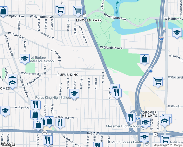 map of restaurants, bars, coffee shops, grocery stores, and more near 4374 North 16th Street in Milwaukee