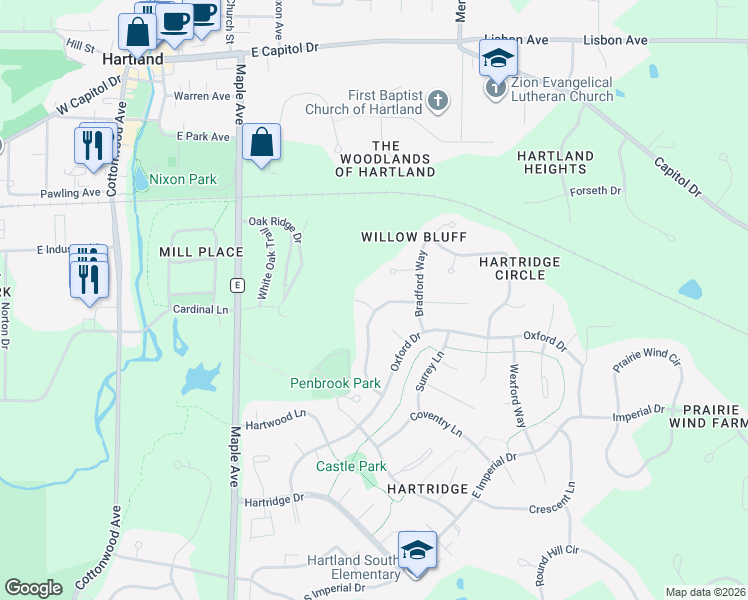 map of restaurants, bars, coffee shops, grocery stores, and more near 774 Kingston Court in Hartland