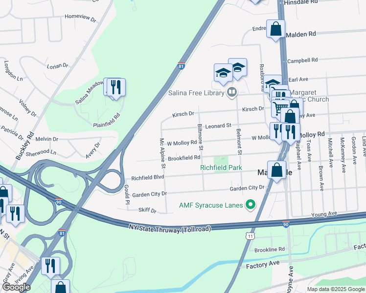 map of restaurants, bars, coffee shops, grocery stores, and more near 320 Brookfield Road in Syracuse