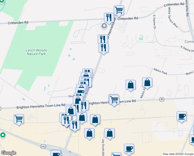 map of restaurants, bars, coffee shops, grocery stores, and more near 2720 West Henrietta Road in Rochester