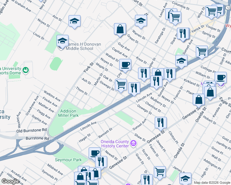 map of restaurants, bars, coffee shops, grocery stores, and more near 1509 Lenox Avenue in Utica