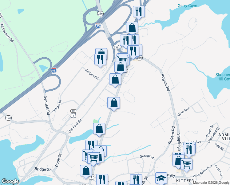 map of restaurants, bars, coffee shops, grocery stores, and more near 129 State Road in Kittery