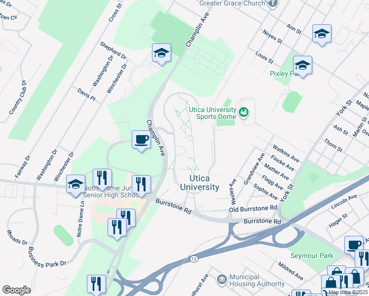 map of restaurants, bars, coffee shops, grocery stores, and more near 1660 Champlin Ave in Utica