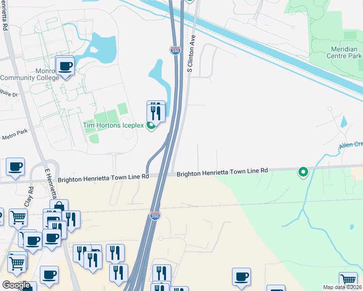 map of restaurants, bars, coffee shops, grocery stores, and more near 2912 Brighton Henrietta Town Line Road in Rochester