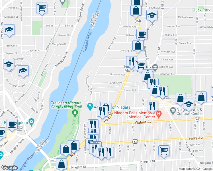 map of restaurants, bars, coffee shops, grocery stores, and more near 424 Cedar Avenue in Niagara Falls