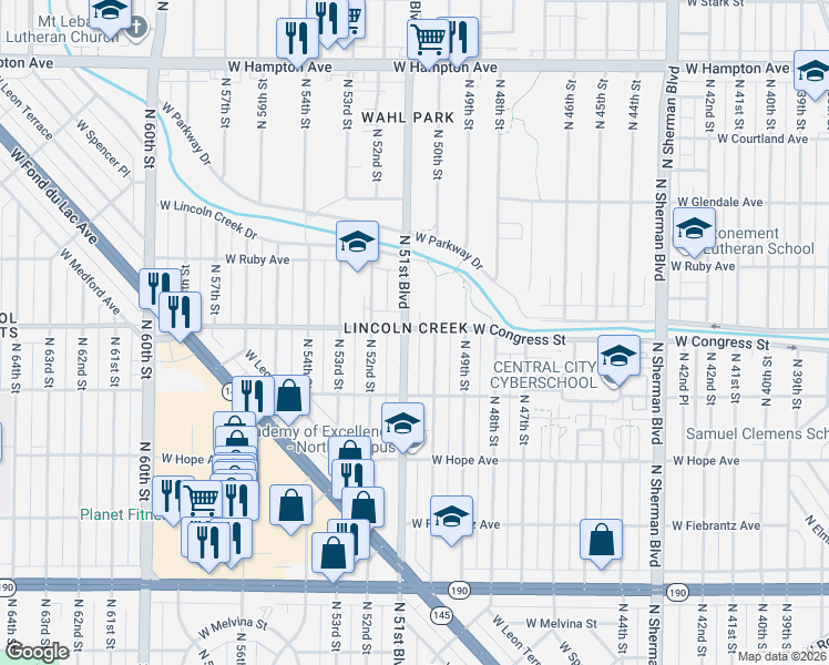 map of restaurants, bars, coffee shops, grocery stores, and more near 4356 North 51st Boulevard in Milwaukee
