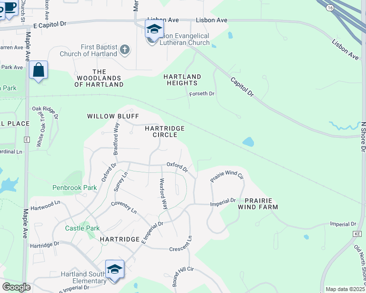 map of restaurants, bars, coffee shops, grocery stores, and more near 734 Mansfield Court in Hartland