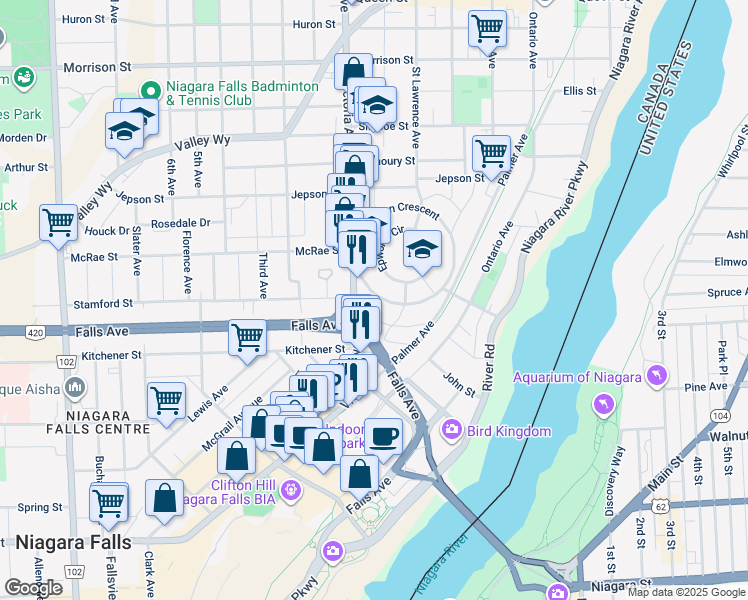 map of restaurants, bars, coffee shops, grocery stores, and more near 4730 Eastwood Crescent in Niagara Falls