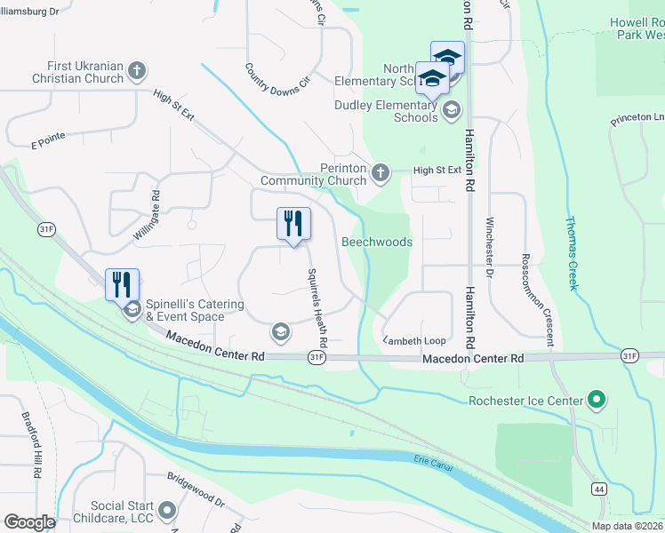 map of restaurants, bars, coffee shops, grocery stores, and more near 15 Squirrels Heath Road in Fairport