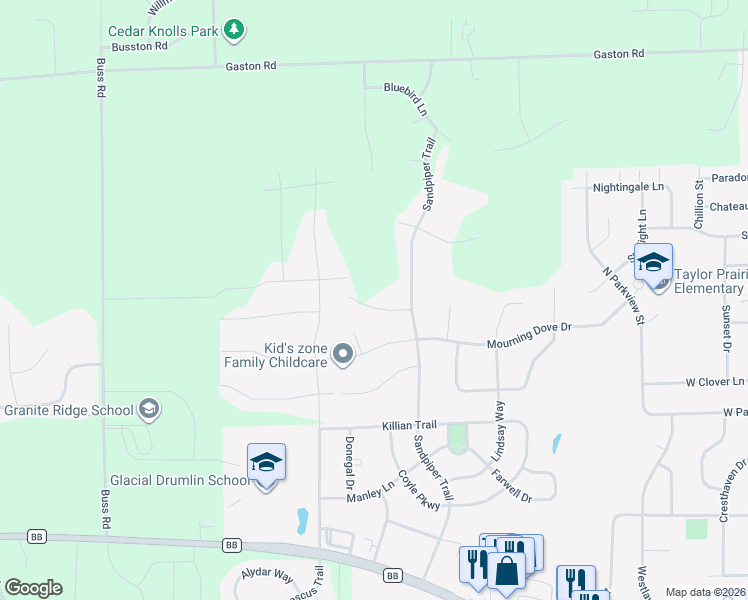 map of restaurants, bars, coffee shops, grocery stores, and more near 2744 Thrush Lane in Cottage Grove