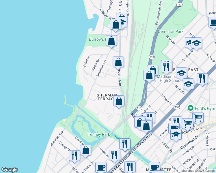 map of restaurants, bars, coffee shops, grocery stores, and more near Lakewood Garden Ln in Madison
