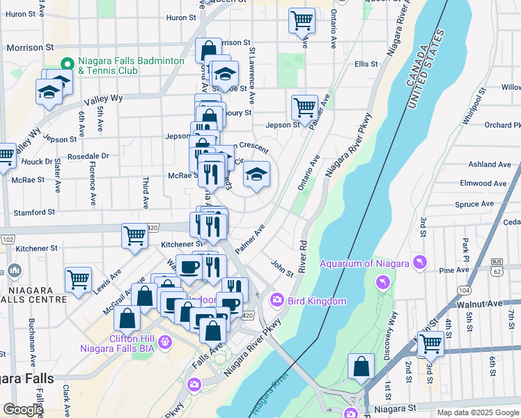 map of restaurants, bars, coffee shops, grocery stores, and more near Eastwood Crescent in Niagara Falls