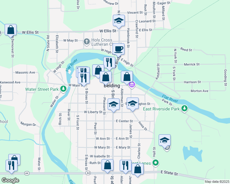 map of restaurants, bars, coffee shops, grocery stores, and more near 130 South Bridge Street in Belding