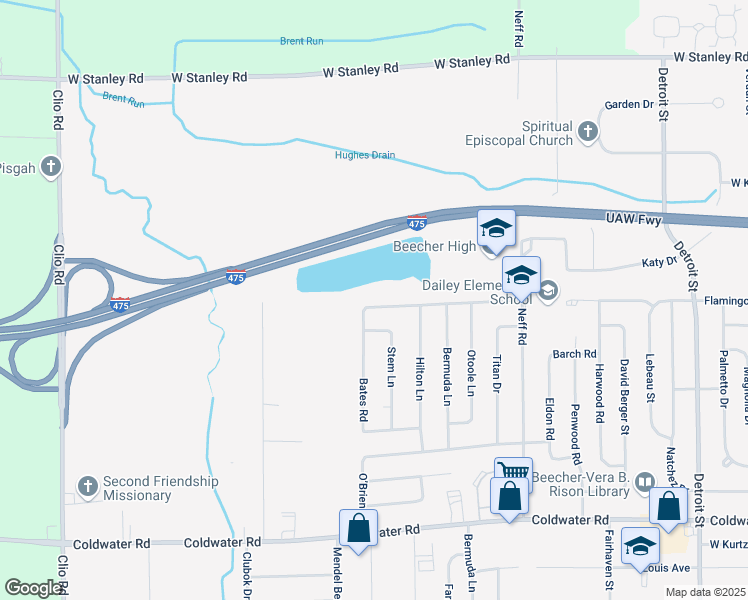 map of restaurants, bars, coffee shops, grocery stores, and more near 2323 Bates Road in Mount Morris