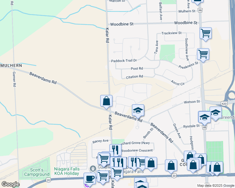 map of restaurants, bars, coffee shops, grocery stores, and more near 8193 Beaver Glen Drive in Niagara Falls