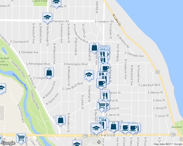 map of restaurants, bars, coffee shops, grocery stores, and more near 1600 East Lake Bluff Boulevard in Shorewood
