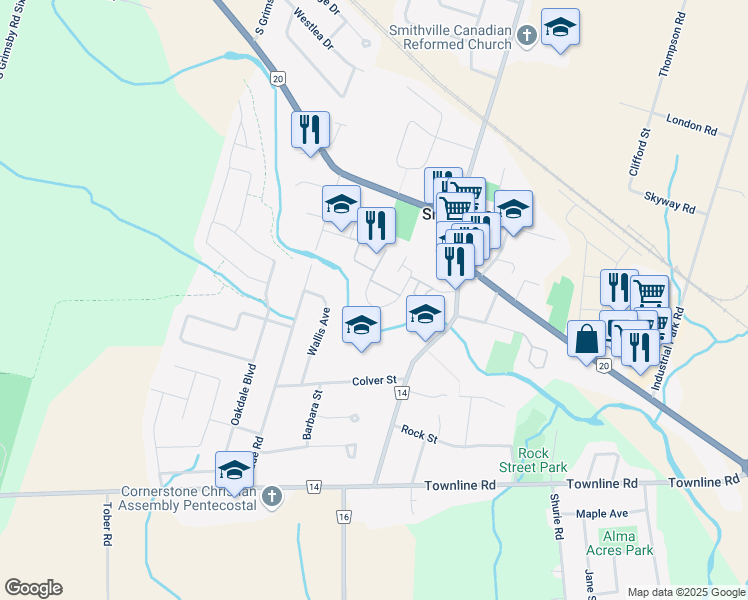 map of restaurants, bars, coffee shops, grocery stores, and more near 17-23,2-40 Creekside Circle in Smithville