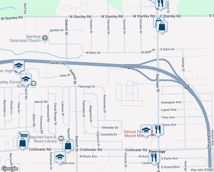 map of restaurants, bars, coffee shops, grocery stores, and more near 6248 Harvard Street in Mount Morris