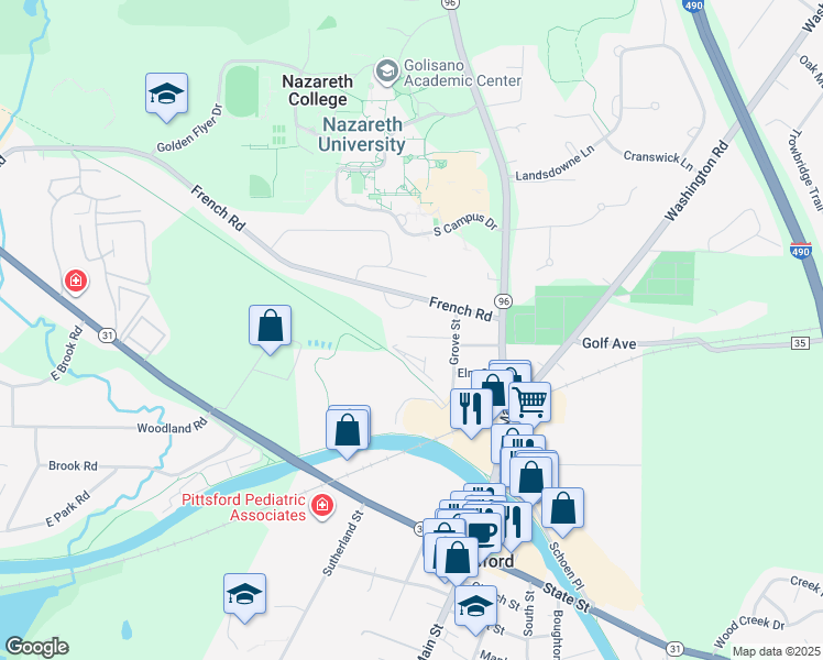 map of restaurants, bars, coffee shops, grocery stores, and more near 10 High Street in Pittsford