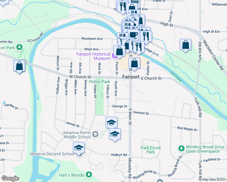 map of restaurants, bars, coffee shops, grocery stores, and more near 37 Filkins Street in Fairport
