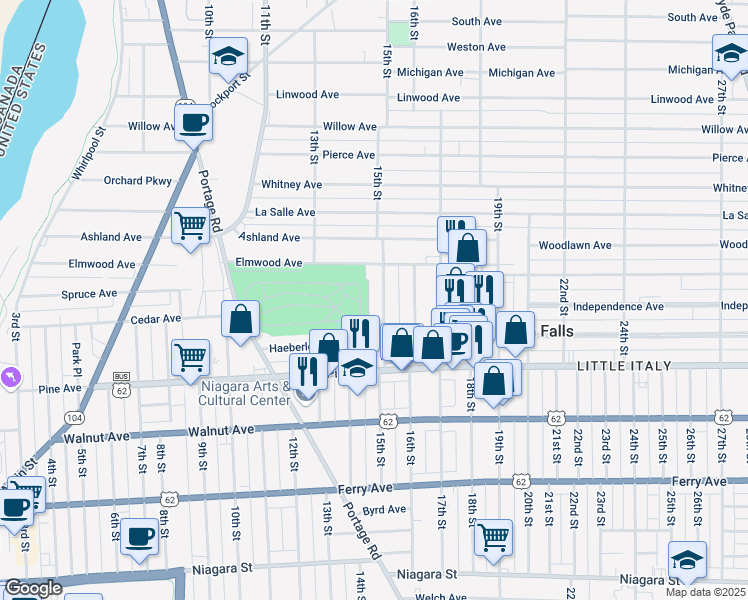 map of restaurants, bars, coffee shops, grocery stores, and more near 752 15th Street in Niagara Falls