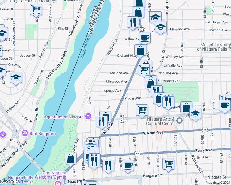 map of restaurants, bars, coffee shops, grocery stores, and more near 522 Cedar Avenue in Niagara Falls