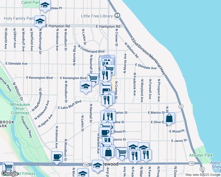 map of restaurants, bars, coffee shops, grocery stores, and more near 4425 North Cramer Street in Shorewood