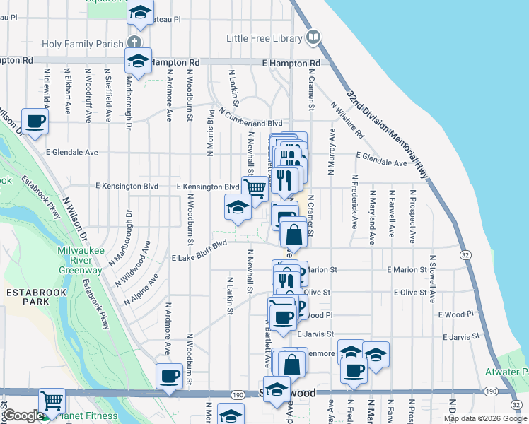 map of restaurants, bars, coffee shops, grocery stores, and more near 1600 East Lake Bluff Boulevard in Shorewood