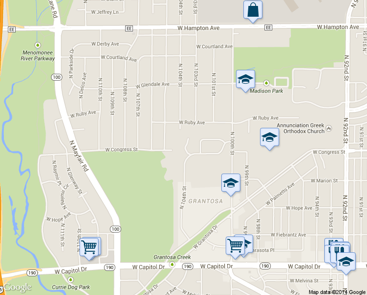 map of restaurants, bars, coffee shops, grocery stores, and more near 4321 North 104th Street in Milwaukee