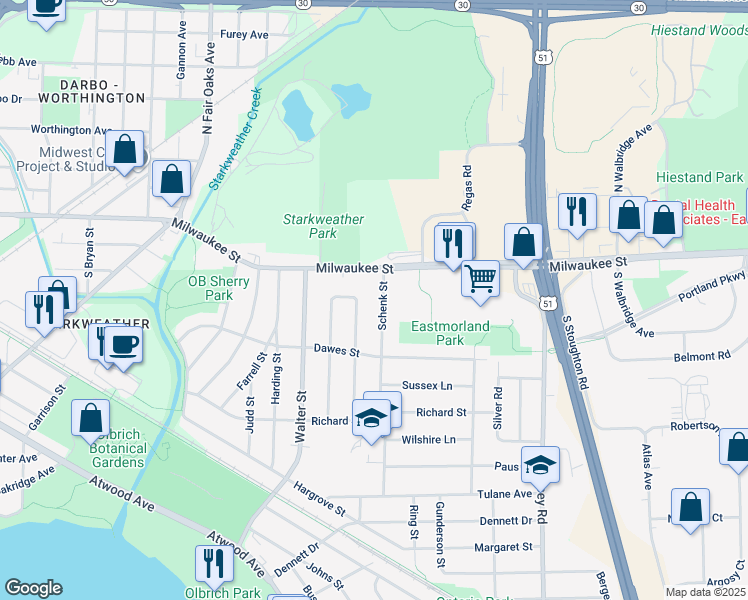map of restaurants, bars, coffee shops, grocery stores, and more near 42 Schenk Street in Madison