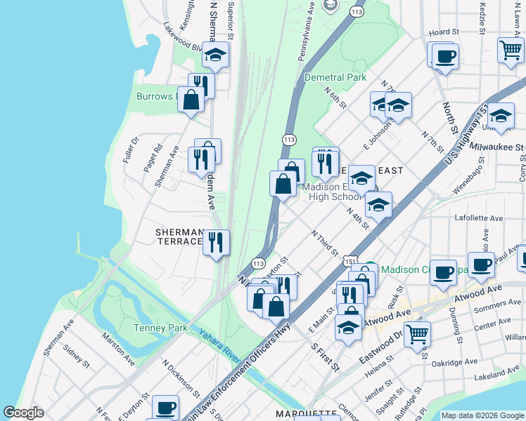 map of restaurants, bars, coffee shops, grocery stores, and more near 2034 Pennsylvania Ave in Madison