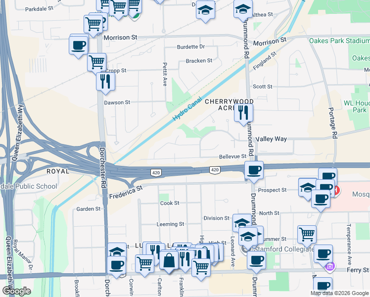 map of restaurants, bars, coffee shops, grocery stores, and more near 6518 Harper Drive in Niagara Falls
