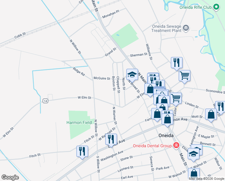 map of restaurants, bars, coffee shops, grocery stores, and more near 214 Boston Street in Oneida