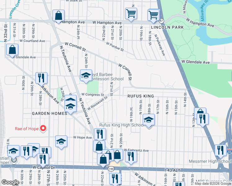 map of restaurants, bars, coffee shops, grocery stores, and more near 2023 West Congress Street in Milwaukee