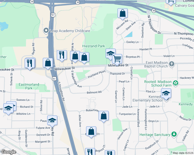 map of restaurants, bars, coffee shops, grocery stores, and more near 229 South Walbridge Avenue in Madison